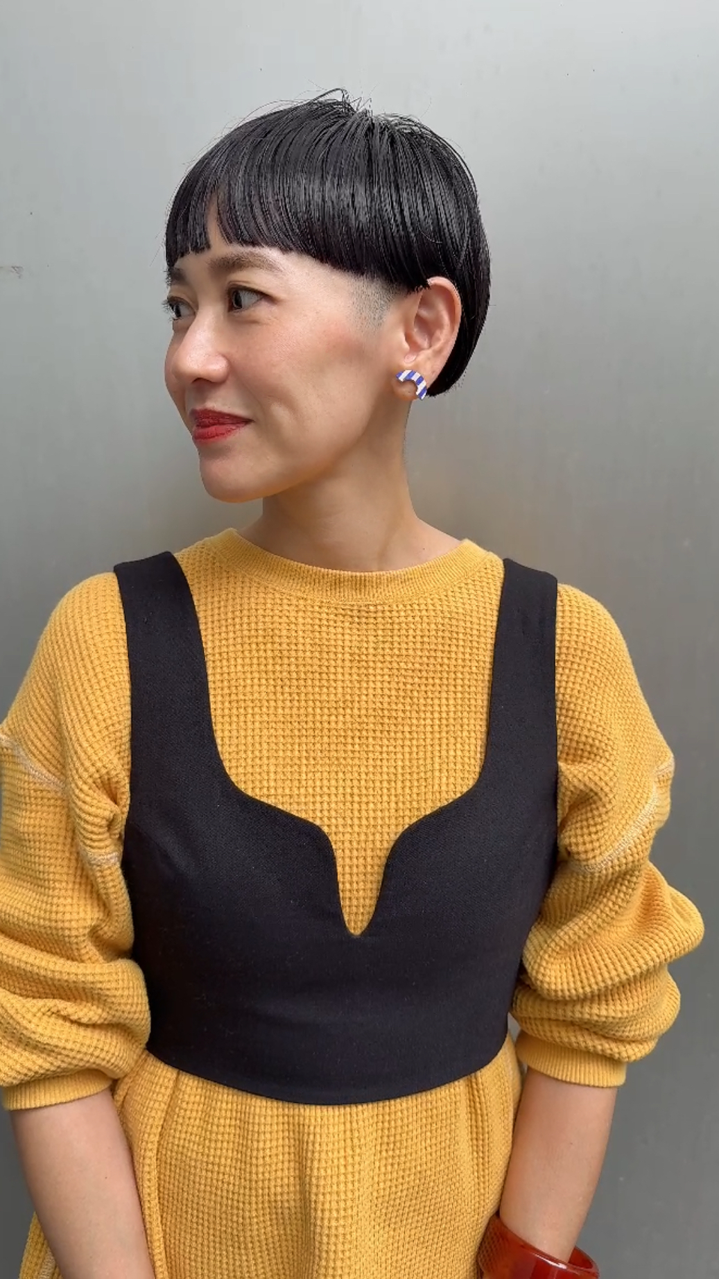 アーチイヤリング　ストライプ（イエロー×クリーム）